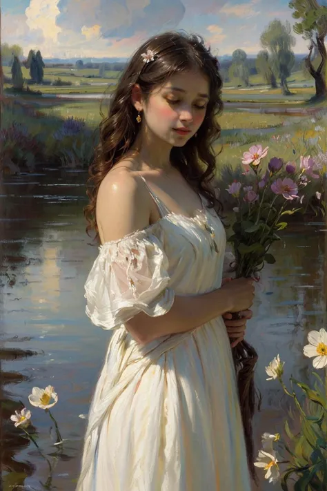 OIL PAINTING,IMPRESSIONISM,(masterpiece, best quality, ultra-detailed, best shadow),(detailed background),realistic ,(Rembrandt),1girl, solo, flower, dress, long hair, closed eyes, black hair, white dress, holding flower, field, holding, outdoors, grass, realistic, bare shoulders, <lyco:oil_painting:0.8>