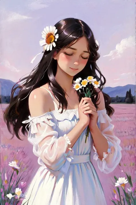 1girl, solo, flower, dress, long hair, closed eyes, black hair, white dress, holding flower, field, holding, outdoors, grass, realistic, bare shoulders,
 <lora:oil_painting:0.9>