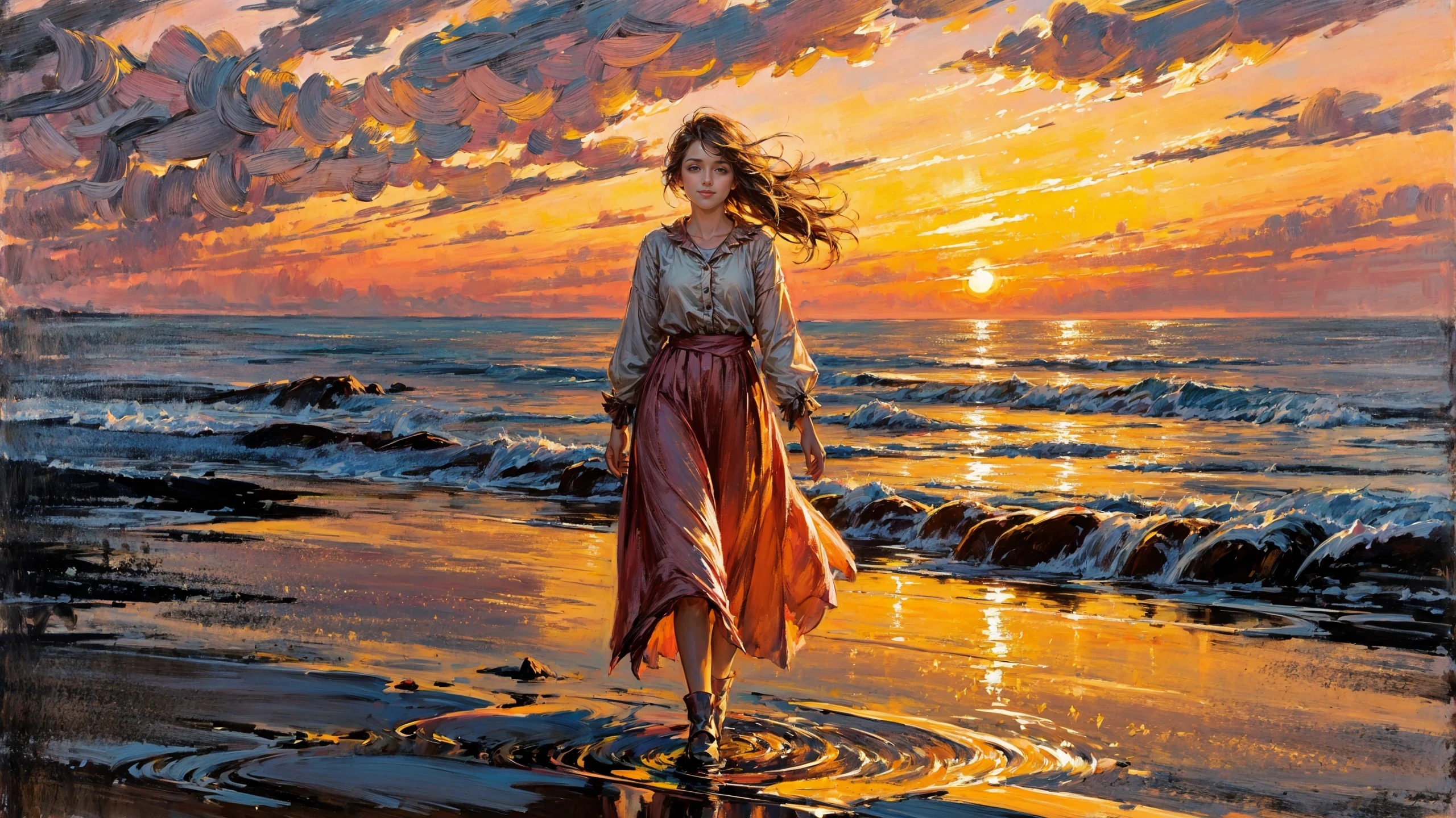 girl walking in the distance, (flock of seagulls:1.2), (oil paint), fine art, (strong wind:1.2), wawing hair, pretty beautiful, adorable, young, happy smiling, color shirt, Baby Pink skirt, starfish, (extremely detailed) and intricate, 8k, sharp focus, (big rock), moss, sand, beach with crystalline clear water, waves, ripples, reflections, raytracing, Strawberry flowers, crispy colors, high contrast, hdr, big sunny sky, sunset, golden hour, natural sunlight , shadows, <lora:Detail Tweaker LoRA add_detail:1><lora:depth_of_field_slider_v1:5> <lora:SDXLrender_v2.0:0.9> <lora:oil painting locon:0.6>