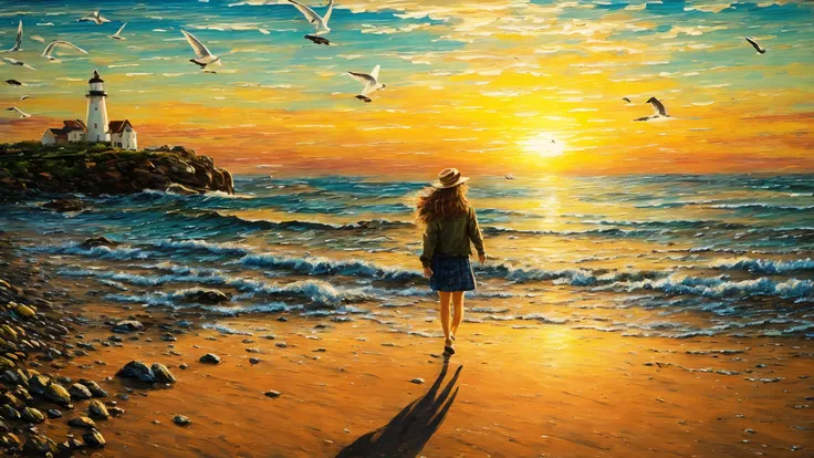 (oil painting) beach (extremely detailed), best quality fine art, (seagulls:1.2), (strong wind), big rock, moss, sand, clear water, distant sailboat, lighthouse, waves, ripples, reflections, leaves, young woman walking in the distance, waving hair, pretty beautiful, lovely adorable, happy smiling, Olive Brown shirt, Sage Green miniskirt, starfish,  colors, sharp focus, high contrast, hdr, big sunny sky, sunset, golden hour, natural sun light , shadows, <lora:Detail Tweaker LoRA add_detail:1><lora:depth_of_field_slider_v1:5>  <lora:SDXLrender_v2.0:0.9> <lora:oil painting locon:0.4>