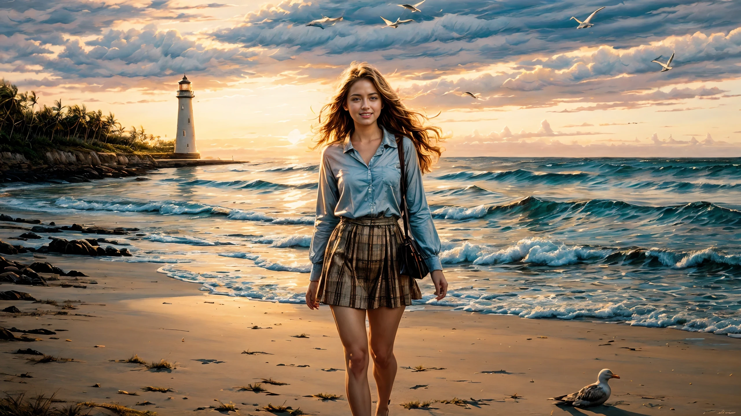 (oil painting) hyperrealism, beach (extremely detailed), best quality fine art, (seagulls:1.2), (strong wind), big rock, moss, sand, clear water, distant sailboat, lighthouse, waves, ripples, reflections, leaves, young woman walking in the distance, waving hair, pretty beautiful, lovely adorable, happy smiling, Honolulu Blue shirt, Pastel Orange miniskirt, starfish, colors, sharp focus, high contrast, hdr, big sunny sky, sunset, golden hour, natural sun light , shadows, <lora:Detail Tweaker LoRA add_detail:1><lora:depth_of_field_slider_v1:5> <lora:SDXLrender_v2.0:0.9> <lora:oil painting locon:0.7>