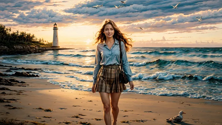 (oil painting) hyperrealism, beach (extremely detailed), best quality fine art, (seagulls:1.2), (strong wind), big rock, moss, sand, clear water, distant sailboat, lighthouse, waves, ripples, reflections, leaves, young woman walking in the distance, waving hair, pretty beautiful, lovely adorable, happy smiling, Honolulu Blue shirt, Pastel Orange miniskirt, starfish,  colors, sharp focus, high contrast, hdr, big sunny sky, sunset, golden hour, natural sun light , shadows, <lora:Detail Tweaker LoRA add_detail:1><lora:depth_of_field_slider_v1:5>  <lora:SDXLrender_v2.0:0.9> <lora:oil painting locon:0.7>