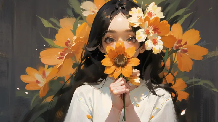 1girl, solo, flower, long hair, black hair, holding, looking at viewer, upper body, hand up, holding flower, covering mouth, orange flower, shirt, covered mouth, white shirt, petals<lora:oil_painting:0.9>