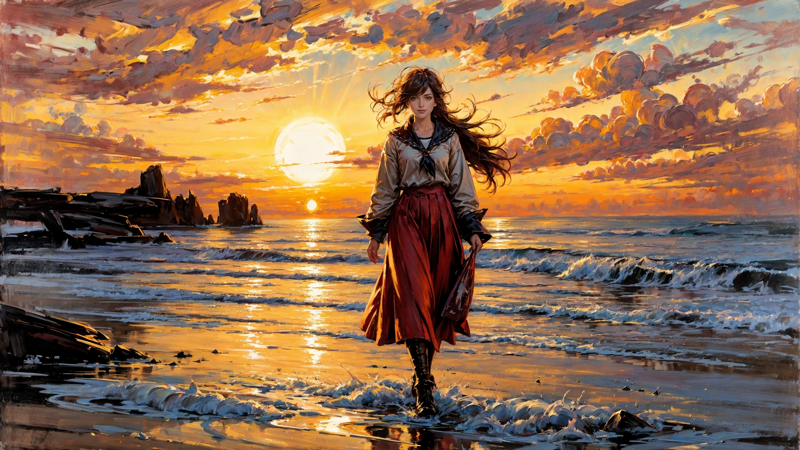 girl walking in the distance, (flock of seagulls:1.2), (oil paint), fine art, (strong wind:1.2), wawing hair, pretty beautiful, adorable, young, happy smiling, color shirt, Varsity Red skirt, starfish, (extremely detailed) and intricate, 8k, sharp focus, (big rock), moss, sand, beach with crystalline clear water, waves, ripples, reflections, raytracing, Comic Book Red flowers, crispy colors, high contrast, hdr, big sunny sky, sunset, golden hour, natural sunlight , shadows, <lora:Detail Tweaker LoRA add_detail:1><lora:depth_of_field_slider_v1:5> <lora:SDXLrender_v2.0:0.9> <lora:oil painting locon:0.6>