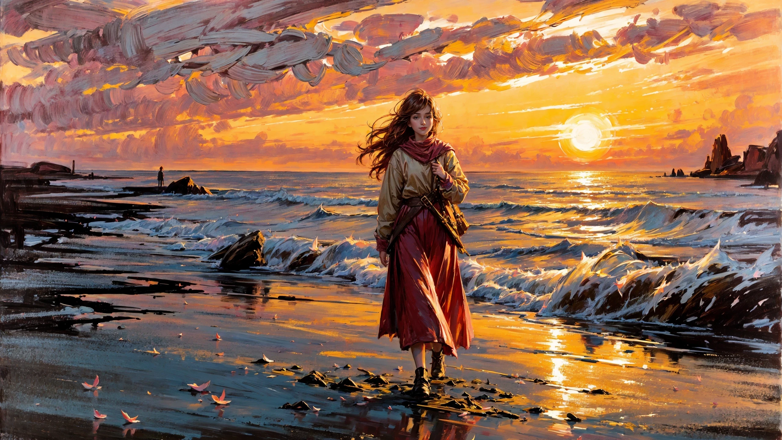 girl walking in the distance, (flock of seagulls:1.2), (oil paint), fine art, (strong wind:1.2), wawing hair, pretty beautiful, adorable, young, happy smiling, color shirt, Pastel Pink skirt, starfish, (extremely detailed) and intricate, 8k, sharp focus, (big rock), moss, sand, beach with crystalline clear water, waves, ripples, reflections, raytracing, Blood Red flowers, crispy colors, high contrast, hdr, big sunny sky, sunset, golden hour, natural sunlight , shadows, <lora:Detail Tweaker LoRA add_detail:1><lora:depth_of_field_slider_v1:5> <lora:SDXLrender_v2.0:0.9> <lora:oil painting locon:0.6>
