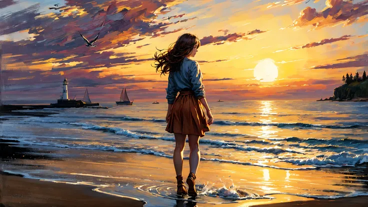 (oil paint) of a (far young woman in the distance, walking on the beach, (extremely detailed) and intricate), best quality fine art, (seagulls:1.2), strong wind, waving hair, pretty beautiful, lovely adorable, happy smiling, Siena Brown shirt, Neon Orange miniskirt, starfish, big rock, moss, sand, crystalline clear water, distant sailboat, lighthouse, waves, ripples, reflections, raytracing,  leaves, crispy colors, sharp focus, high contrast, hdr, big sunny sky, sunset, golden hour, natural sun light , shadows, <lora:Detail Tweaker LoRA add_detail:1><lora:depth_of_field_slider_v1:5>  <lora:SDXLrender_v2.0:0.9> <lora:oil painting locon:0.3>