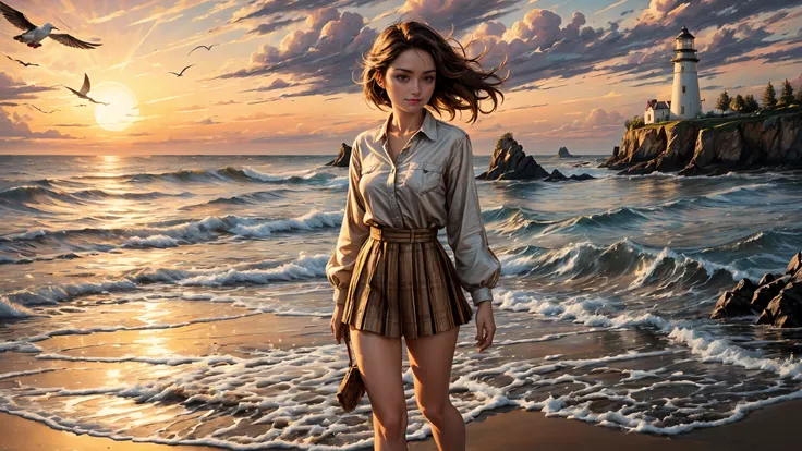 (oil painting) beach (extremely detailed), best quality fine art, (seagulls:1.2), (strong wind), big rock, moss, sand, clear water, distant sailboat, lighthouse, waves, ripples, reflections, leaves, young woman walking in the distance, waving hair, pretty beautiful, lovely adorable, happy smiling, Chartreuse shirt, Coyote Brown miniskirt, starfish, colors, sharp focus, high contrast, hdr, big sunny sky, sunset, golden hour, natural sun light , shadows, <lora:Detail Tweaker LoRA add_detail:1><lora:depth_of_field_slider_v1:5> <lora:SDXLrender_v2.0:0.9> <lora:oil painting locon:0.4>