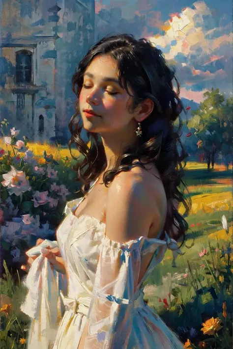 OIL PAINTING,IMPRESSIONISM,(masterpiece, best quality, ultra-detailed, best shadow),(detailed background),realistic ,(Rembrandt),1girl, solo, flower, dress, long hair, closed eyes, black hair, white dress, holding flower, field, holding, outdoors, grass, realistic, bare shoulders, <lyco:oil_painting:0.6>