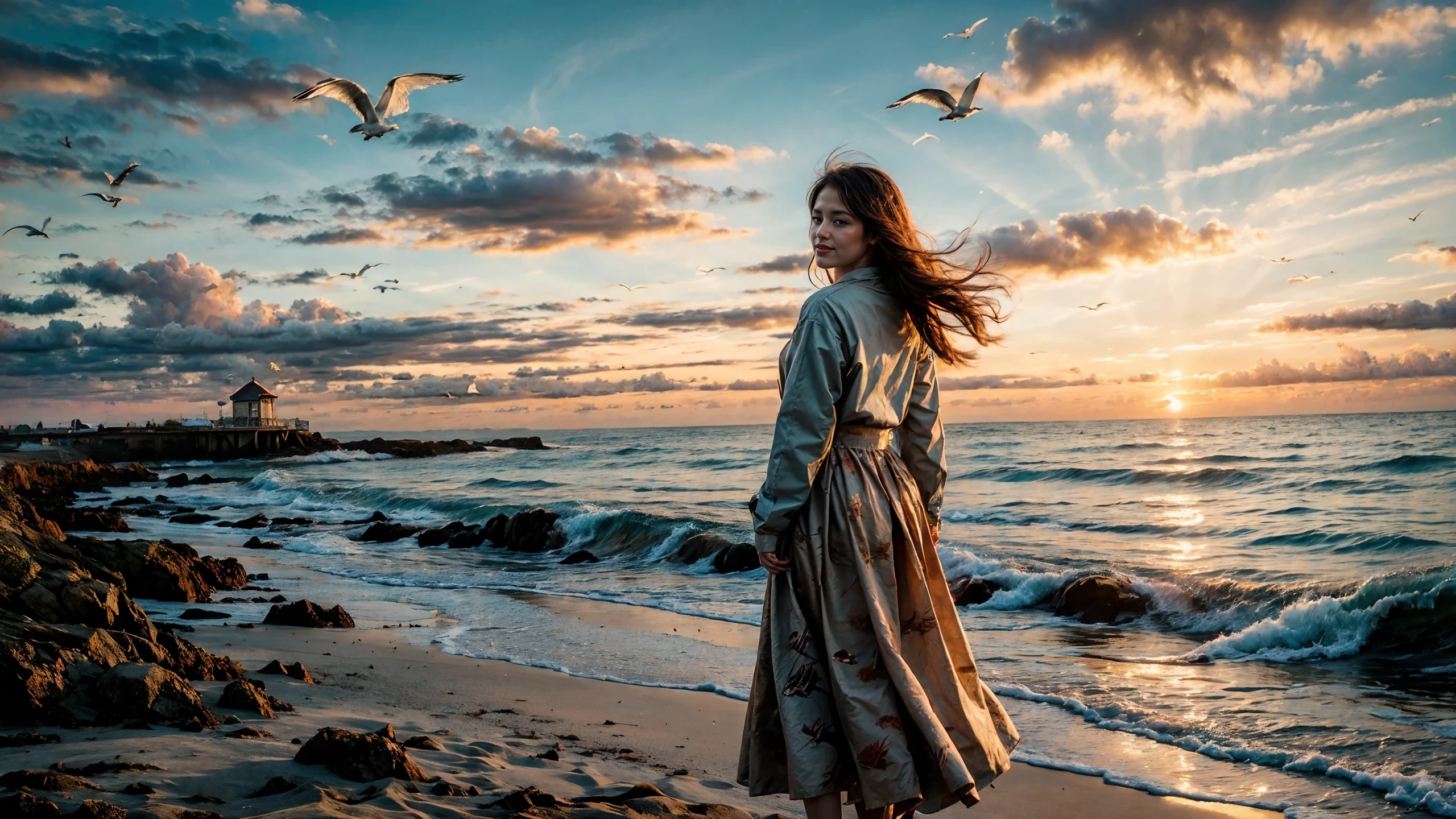 girl walking in the distance, (flock of seagulls:1.2), (oil paint), fine art, (strong wind:1.2), wawing hair, pretty beautiful, adorable, young, happy smiling, color shirt, Sky Blue skirt, starfish, (extremely detailed) and intricate, 8k, sharp focus, (big rock), moss, sand, beach with crystalline clear water, waves, ripples, reflections, raytracing, Medium Brown flowers, crispy colors, high contrast, hdr, big sunny sky, sunset, golden hour, natural sunlight , shadows, <lora:Detail Tweaker LoRA add_detail:1><lora:depth_of_field_slider_v1:5> <lora:SDXLrender_v2.0:0.9> <lora:oil painting locon:0.6>