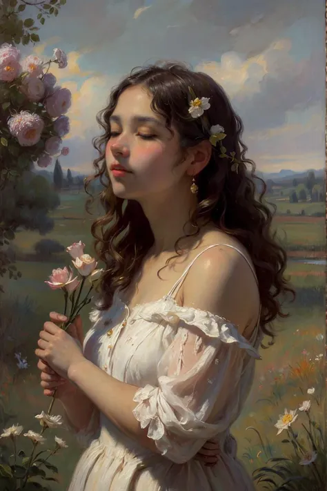 OIL PAINTING,IMPRESSIONISM,(masterpiece, best quality, ultra-detailed, best shadow),(detailed background),realistic ,(Rembrandt),1girl, solo, flower, dress, long hair, closed eyes, black hair, white dress, holding flower, field, holding, outdoors, grass, realistic, bare shoulders, <lyco:oil_painting:0.6>