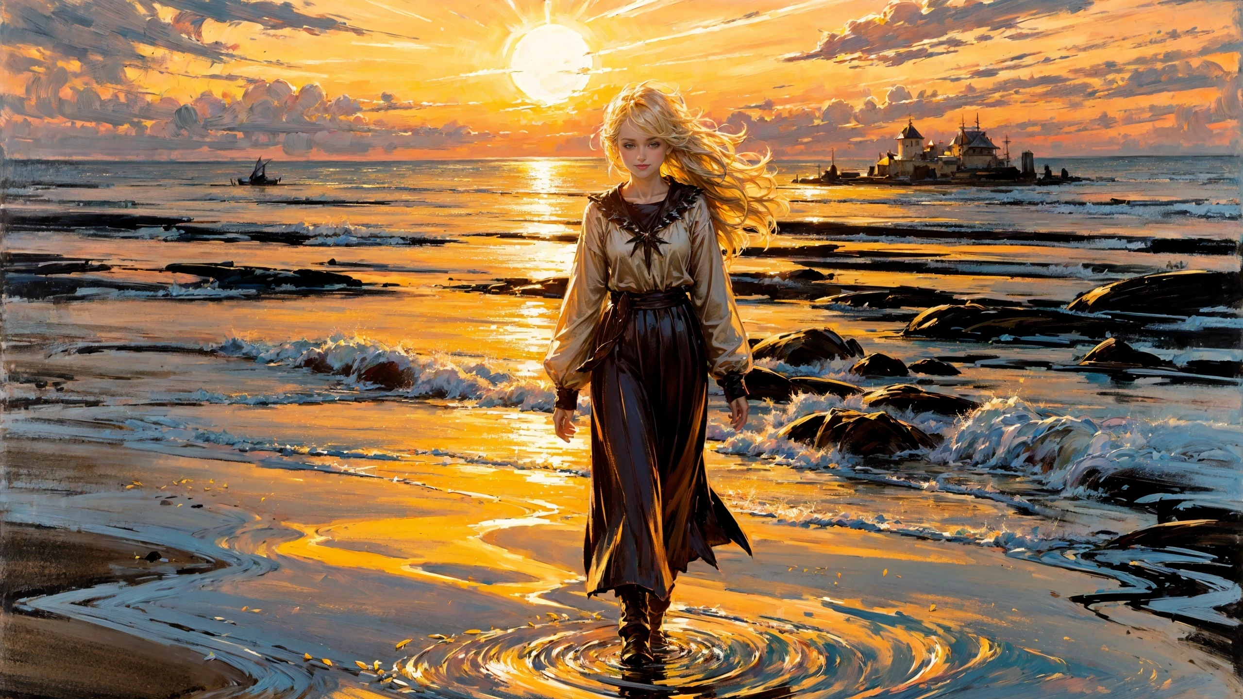 girl walking in the distance, (flock of seagulls:1.2), (oil paint), fine art, (strong wind:1.2), wawing hair, pretty beautiful, adorable, young, happy smiling, color shirt, Legal Pad Yellow skirt, starfish, (extremely detailed) and intricate, 8k, sharp focus, (big rock), moss, sand, beach with crystalline clear water, waves, ripples, reflections, raytracing, Melon flowers, crispy colors, high contrast, hdr, big sunny sky, sunset, golden hour, natural sunlight , shadows, <lora:Detail Tweaker LoRA add_detail:1><lora:depth_of_field_slider_v1:5> <lora:SDXLrender_v2.0:0.9> <lora:oil painting locon:0.6>