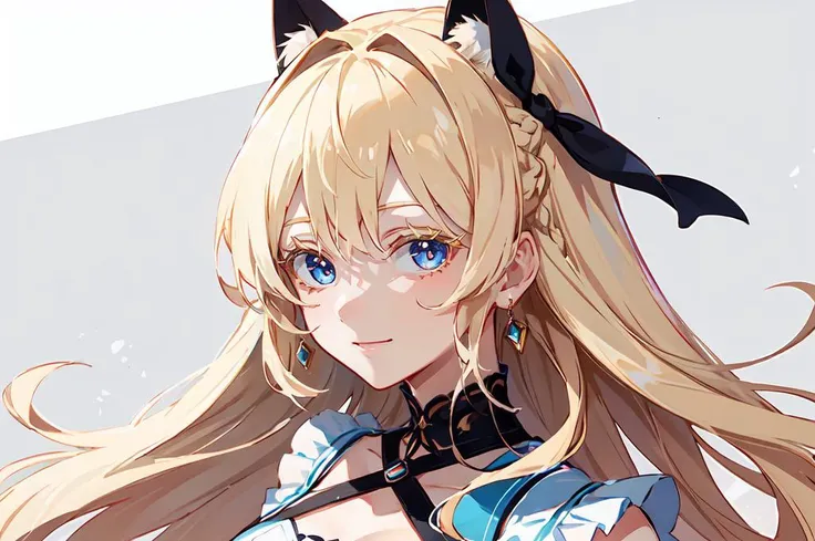 <lora:colored_eyelashes000:1> COLORED EYELASHES, yellow eyelashes,
ultra detailed, masterpiece, best quality, solo, portrait, face focus, beautiful eyes, eyes focus, soft smile, light smile,
1girl, blue eyes, very long hair, blonde hair, long blonde hair, french braid, bangs, medium breasts,
hair ribbon, frilled choker, criss-cross halter, sleeveless dress, high-waist skirt, backless dress, waist bow, detached sleeves, frilled sleeves, wide sleeves,