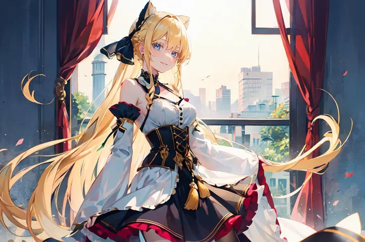ultra detailed, masterpiece, best quality, solo, portrait, face focus, beautiful eyes, soft smile, light smile,
1girl, blue eyes, very long hair, blonde hair, long blonde hair, french braid, bangs, medium breasts,
hair ribbon, frilled choker, criss-cross halter, sleeveless dress, high-waist skirt, backless dress, waist bow, detached sleeves, frilled sleeves, wide sleeves, pantyhose, patterned legwear, mary janes, <lora:colored_eyelashes000:1> COLORED EYELASHES, yellow eyelashes,