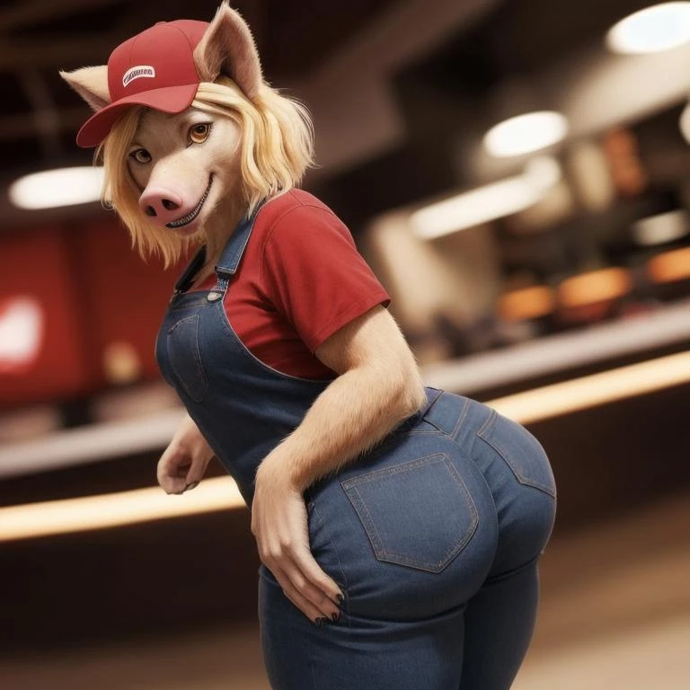 (realistic, photorealistic RAW Photo:1.4), full body image, detailed fast food restaurant setting, warm lighting, (solo:1.3)
BREAK, facing the viewer, 20 years old, anthro pig female, muscular, stocky build, short pig tail, bright amber eyes, small breasts, (short blonde hair, bob hairstyle), blushing, pig snout, porcine teeth, fangs, smiling, (realistic fur, hairy fur, wiry hair over body, fur over body, detailed fur texture), (wearing a (red worker uniform), wearing a red ballcap hat), large butt, wide hips, cloven hooves, hooved fingertips