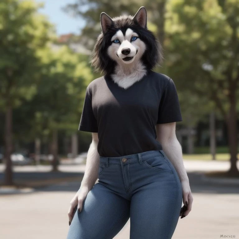 (realistic, photorealistic RAW Photo:1.4), full body image, detailed public park setting, warm lighting, (solo:1.3)
BREAK, facing the viewer, 20 years old, anthro dog husky female with black and white fur, muscular, lean build, long fluffy dog tail, bright blue eyes, small breasts, (short black hair, Monroe bob), blushing, dog snout, dog teeth, fangs, smiling, (realistic fur, hairy fur, wiry hair over body, fur over body, detailed fur texture), (wearing a black t-shirt, wearing blue jeans), large butt, wide hips, paws, claws, pink paw pads