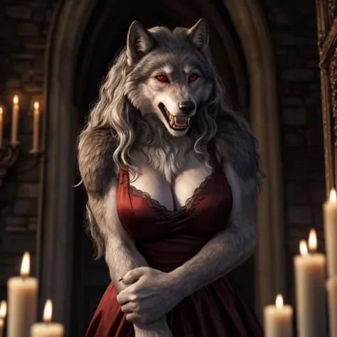 (full body image, far shot), detailed castle interior setting, candles, warm lighting, (solo:1.3),
BREAK, facing the viewer, 20 years old, monstrous werewolf female with white fur, extremely muscular, large fluffy tail, bright red eyes, (long silver hair, wavy hair), wolf snout, wolf teeth, large fangs, embarrassed, (blushing), snarling, baring teeth, (realistic fur, hairy fur, wiry hair over body, fur over body, detailed fur texture), (wearing extremely torn red ball dress), large breasts, claws, paws, pink paw pads