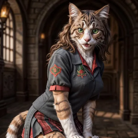 (full body image), detailed Hogwarts setting, warm lighting, (solo:1.3),
BREAK, staring into the camera, Emma Watson, (transformation, species transformation:1.3) into (cat), feral transformation, brown fur, muscular, lean build, long thin tail, (bright green eyes, slit pupils) (long brown hair, wavy hair), cat snout, feline teeth, fangs, embarrased, shocked, (blushing, rosy cheeks), (realistic fur, hairy fur, wiry hair over body, fur over body, detailed fur texture), (wearing a torn grey and [red] school uniform with red embroidery), large breasts, claws, paws, black paw pads