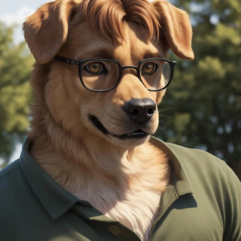 (realistic, photorealistic RAW Photo:1.4), full body image, far shot, detailed public park setting, warm lighting, (solo:1.3)
BREAK, facing the viewer, 20 years old, anthro dog golden retriever male with tan, muscular, lean build, long fluffy tail, bright amber eyes, (short ginger hair, Leon Kennedy hairstyle), dog snout, canine teeth, fangs, frowning, (realistic fur, hairy fur, wiry hair over body, fur over body, detailed fur texture), (wearing square-frame glasses, wearing a green t-shirt, wearing blue jeans), (visible digitigrade feet), large pecs, claws, paws, black paw pads