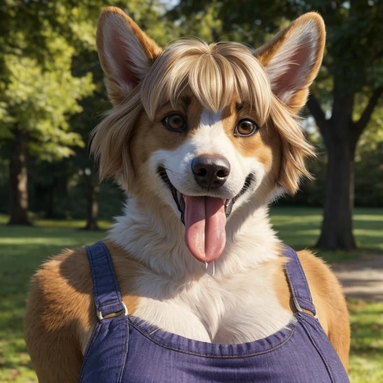 bust shot, detailed London park setting, warm lighting, (solo:1.3),
BREAK, staring into the camera, 20 years old, anthro dog corgi female with tan and white fur, muscular, lean build, fluffy tail, brown eyes, (short blonde hair, bob cut hairstyle), dog snout, canine teeth, fangs, (extremely long canine tongue, drooling, drool flowing from tongue), (realistic fur, hairy fur, wiry hair over body, fur over body, detailed fur texture), (wearing a purple crop top, wearing blue jeans), large breasts, claws, paws, pink paw pads