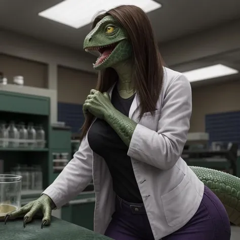 full body image, detailed laboratory interior setting, cool lighting, (solo:1.3)
BREAK, 20 years old, anthro lizard female with (green scales), muscular, lean build, bright yellow eyes, (large lizard tail), dark green breasts, no eyebrows, (long brown hair, straight hair), enraged expression, blushing, screaming, drooling, lizard snout, grimacing, large sharp lizard teeth, (realistic scales, scales over body, detailed scale texture), (wearing extremely torn long lab coat, wearing a black t-shirt, wearing purple pants), large butt, wide hips, clothes ripped, large claws