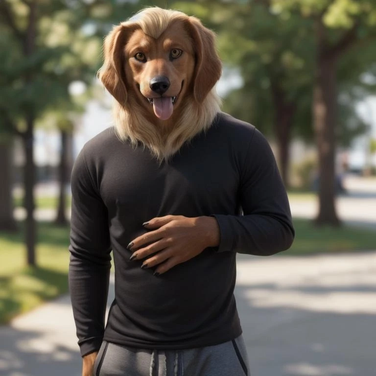 (realistic, photorealistic RAW Photo:1.4), full body image, far shot, detailed public park setting, warm lighting, (solo:1.3)
BREAK, standing, facing the viewer, 20 years old, anthro dog dachshund male with black and tan fur, skinny, lean build, long thin tail, bright amber eyes, (long blonde hair, parted in the center hairstyle), dog snout, long canine tongue, canine teeth, fangs, frowning, (realistic fur, hairy fur, wiry hair over body, fur over body, detailed fur texture), (wearing a black long sleeve shirt, wearing grey sweatpants), (visible digitigrade feet), claws, paws, black paw pads