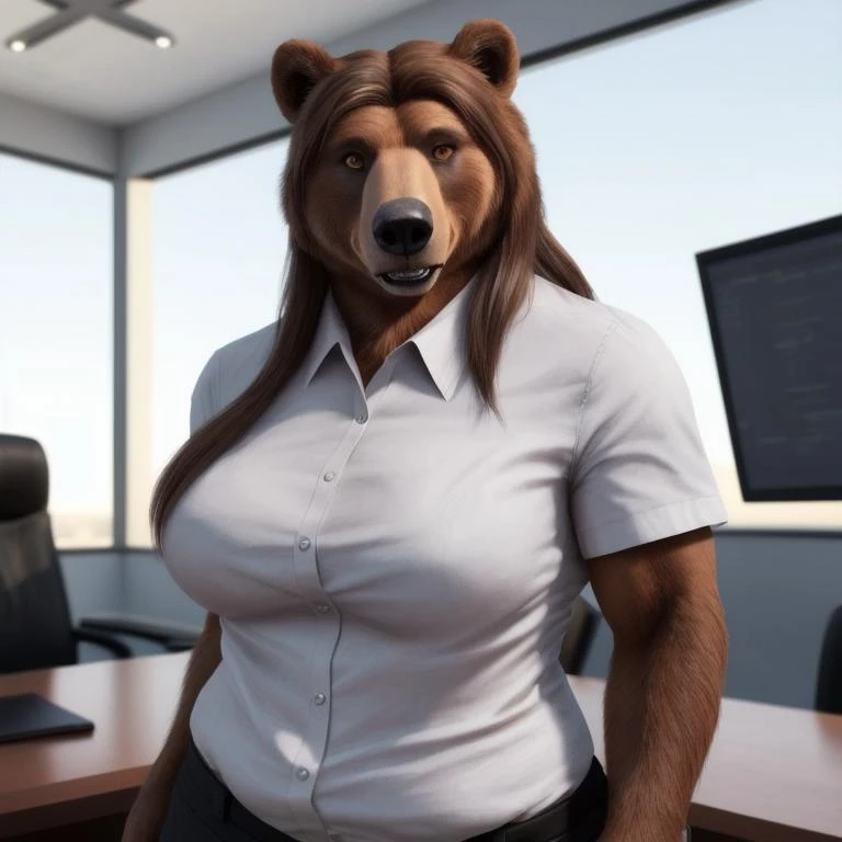 (realistic, photorealistic RAW Photo:1.4), full body image, detailed lawyer's office setting, warm lighting, (solo:1.3)
BREAK, facing the viewer, 20 years old, anthro bear grizzly bear female with brown fur, muscular, fat muscle, bright amber eyes, small bear tail, medium size breasts, (long brown hair, straight hair), blushing, bear snout, smiling, bear teeth, large fangs, (realistic fur, hairy fur, wiry hair over body, fur over body, detailed fur texture), (wearing a black three piece business suit, wearing a white work shirt), large butt, wide hips