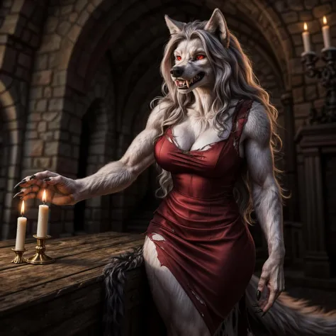 (full body image, far shot), detailed castle interior setting, candles, warm lighting, (solo:1.3),
BREAK, facing the viewer, 20 years old, monstrous werewolf female with white fur, extremely muscular, large fluffy tail, bright red eyes, (long silver hair, wavy hair), wolf snout, wolf teeth, large fangs, embarrassed, (blushing), snarling, baring teeth, (realistic fur, hairy fur, wiry hair over body, fur over body, detailed fur texture), (wearing extremely torn red ball dress), large breasts, claws, paws, pink paw pads