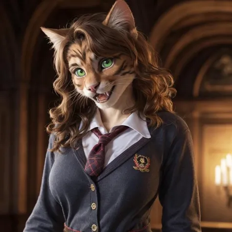 (full body image), detailed Hogwarts setting, warm lighting, (solo:1.3),
BREAK, staring into the camera, Emma Watson, (transformation, species transformation:1.3) into (cat), feral transformation, brown fur, muscular, lean build, long thin tail, (bright green eyes, slit pupils) (long brown hair, wavy hair), cat snout, feline teeth, fangs, embarrased, shocked, (blushing, rosy cheeks), (realistic fur, hairy fur, wiry hair over body, fur over body, detailed fur texture), (wearing a torn grey and [red] school uniform with red embroidery), large breasts, claws, paws, black paw pads