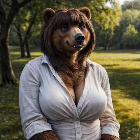 bust shot, detailed London park setting, warm lighting, (solo:1.3),
BREAK, staring into the camera, 20 years old, anthro bear grizzly bear female with tan and white fur, fat, muscular, fat muscle, short fluffy tail, brown eyes, (short brown hair, bob cut hairstyle), bear snout, bear teeth, fangs, smug expression, (realistic fur, hairy fur, wiry hair over body, fur over body, detailed fur texture), (wearing a white blouse, wearing blue jeans), large breasts, claws, paws, black paw pads