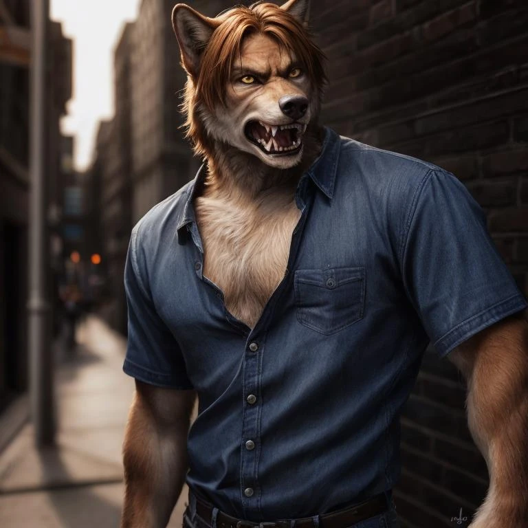 bust shot, detailed urban city sidewalk setting, warm lighting, (solo:1.3),
BREAK, staring into the camera, 20 years old, anthro wolf male with brown fur, very muscular, lean build, fluffy tail, yellow eyes, (short ginger hair, Leon Kennedy hairstyle), wolf snout, canine teeth, large fangs, (angry expression, snarling), (realistic fur, hairy fur, wiry hair over body, fur over body, detailed fur texture), (wearing blue jeans), large pecs, claws, paws, black paw pads