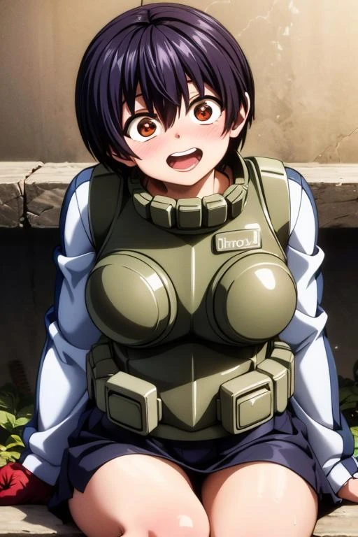 1girl, (masterpiece:1.1), hi-res, 4k <lora:chuyun-09:0.8>chuyun,White blue jacket,Bulletproof helmet,bulletproof vest,Red gloves,Shut up, sitting posture