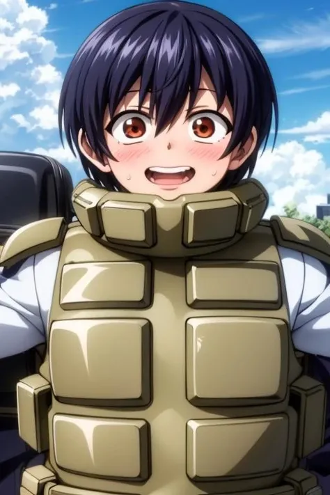 1girl, (masterpiece:1.1), hi-res, 4k <lora:chuyun-09:0.8>chuyun,White blue jacket,Bulletproof helmet,bulletproof vest,Red gloves,