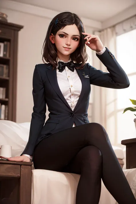 (masterpiece, best quality:1.2), <lora:style_tarakanovich-20:1.0>, solo, 1girl, smile, looking at viewer, sitting, crossed legs, short hair with long locks, formal, black suit, bowtie, black pants, black pointy footwear