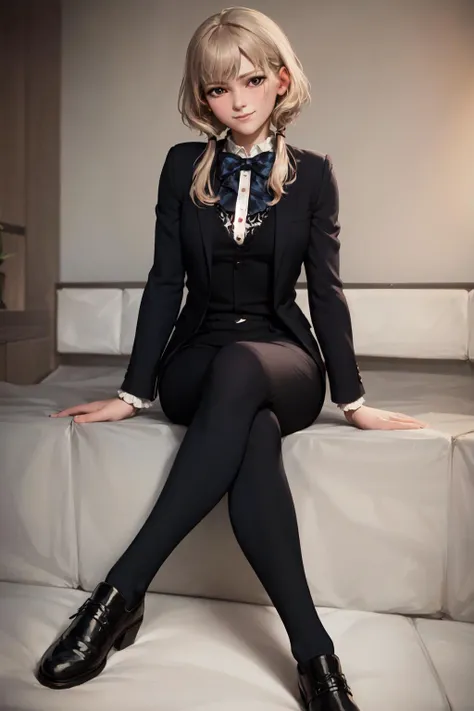 (masterpiece, best quality:1.2), <lora:style_tarakanovich-20:1.0>, solo, 1girl, smile, looking at viewer, sitting, crossed legs, short hair with long locks, formal, black suit, bowtie, black pants, black pointy footwear