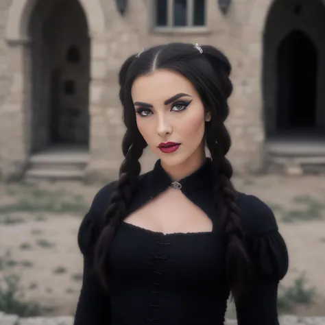 photo of (ohwx woman) as Wednesday Adamas, wearing gothic clothes, braided pigtails, in a castle, sharp focus, looking at the camera, makeup, cinematic look, <lora:AndreaBotez:1>