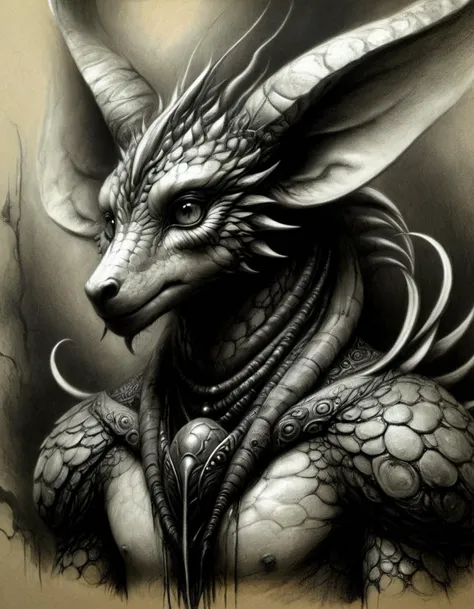 Charcoal drawing of Ellen Jewett, creatures from the dark fantasy, mythology, and science-fiction.<lora:Charcoal3.0-000030 Master:1>