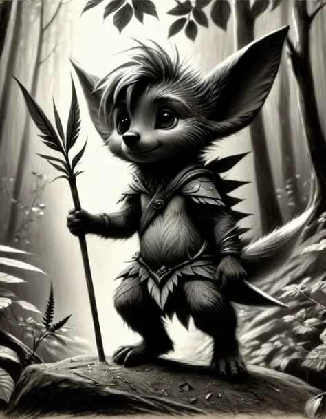 Charcoal drawing of a illustration of a little magical cute forest creature. The creature IS holding a spear. fantasy art, intricate details, style Jean - Baptiste Monge, style Alan Lee, anthropomorphic insanity scene from a movie, dramatic shot angle, atmospheric particles, Real, raw cinematic photorealism, action portrait, 8k, detailed, centered, full frame,<lora:Charcoal3.0-000030 Master:1>