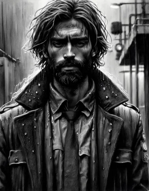 Charcoal drawing of A man full body with a beard, long wispy hair with  cyberpunk enhancements. Outside of a cyberpunk police station, raining, baggy cloths, gentle, wet, High details, 8k , detailed face, perfect face, perfectly rendered face, detailed mouth, five fingers, proper hands<lora:Charcoal3.0-000030 Master:1>