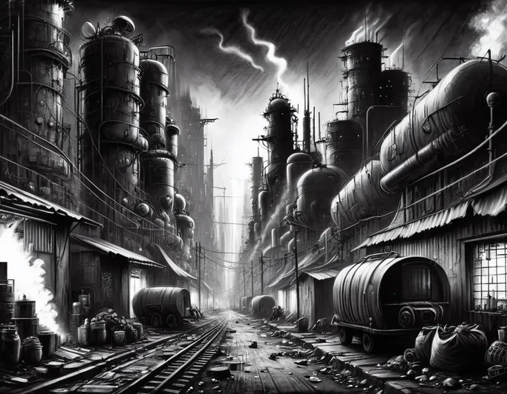 Charcoal drawing of a scenery, cyberpunk slums, neon lights, garbage, (masterpiece:1.2), best quality<lora:Charcoal3.0-000030 Master:1>