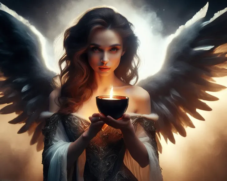 Lindo anjo com roupas claras, cabelos loiros. Sitting at a table with several lit candles. Mystical and mysterious environment. Rosto muito limpo e barbeado.