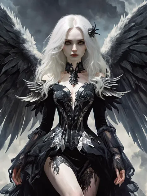 best quality, masterpiece, (realistic:1.2), 1woman as dark angel with realistic dark angel wings, post apocalypse, detailed face, detailed eyes, white hair, strict expression, detailed pale skin, intricate dark angel armor, walking over intricate (burning battlefield), night, dramatic, vibrant, sharp focus