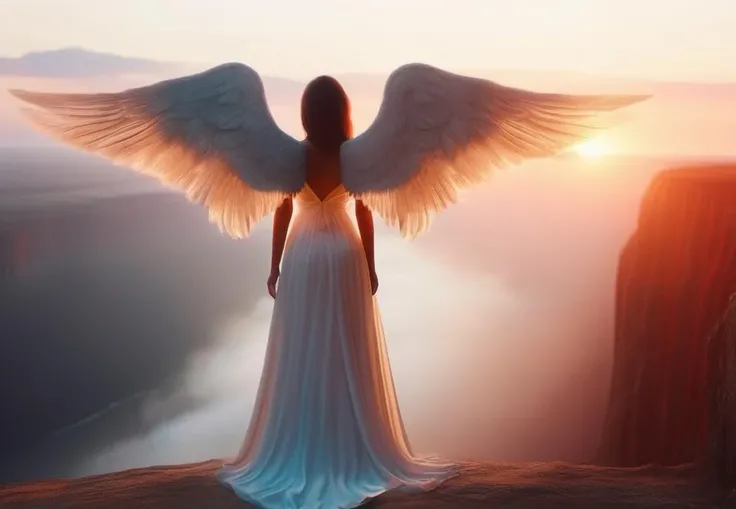 <lora:sdxl_lora_angel:1> beautiful angel standing on a cliff looking to heaven, back view, spreaded wings