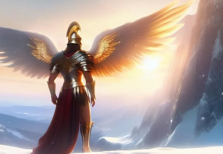 ethereal fantasy concept art of <lora:sdxl_lora_angel:1> man warrior angel with golden wings, standing on top of a snowy mountain, holding sword, back view, spreaded wings, magnificent, celestial, ethereal, painterly, epic, majestic, magical, fantasy art, cover art, dreamy