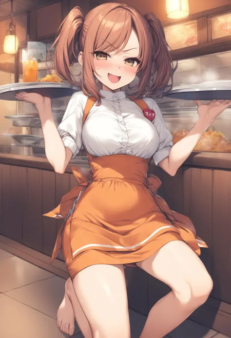 1girl, <lora:sdxl2-flat2-512b:-1>,medium breasts,solo,
<lora:annamillerXLv2:0.8>,anna miller ,waitress,name tag,high-waist skirt,suspender skirt, apron,
from above, feet out of frame, looking ahead, smug face,  open mouth,restaurant,
best quality,medium quality,