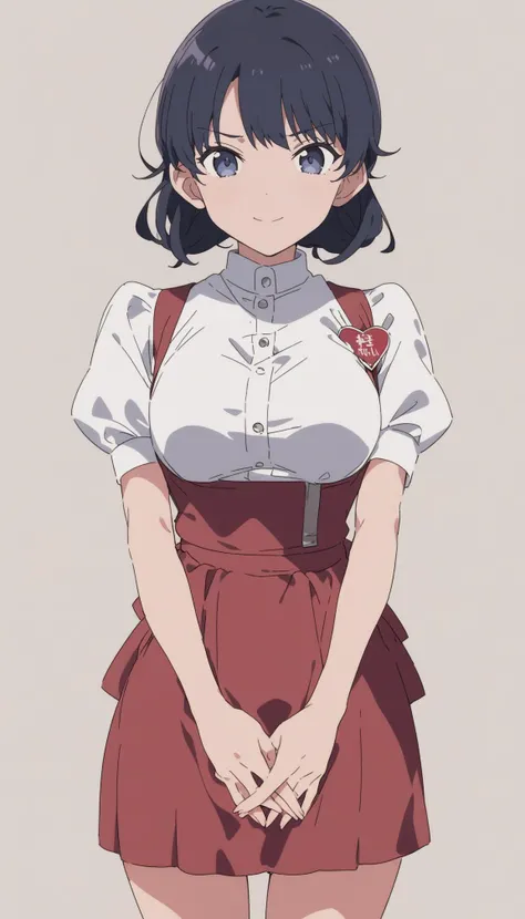 1girl, solo, waitress,name tag,high-waist skirt,suspender skirt, apron,
standing, light smile, own hands together on stomach,
(isolated on white background, simple background:1.2),
anime coloring, anime screencap, megami magazine, masterpiece, best quality, <lora:annamillerXLv2:0.8> anna miller anna miller,