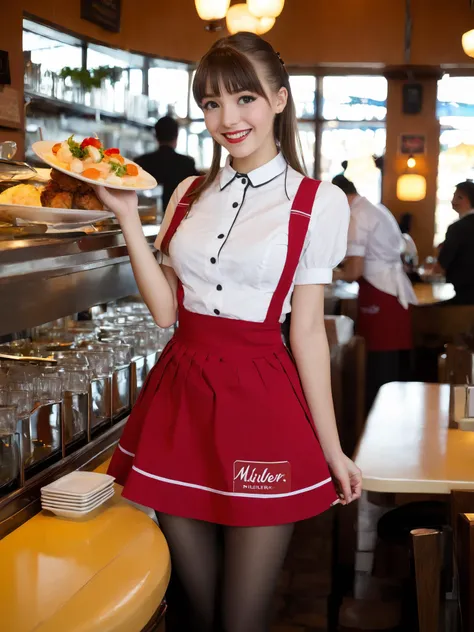 1girl, gigantic breasts,solo,,anna miller ,waitress,name tag,high-waist skirt,red suspender skirt, apron,
from below, fisheye lens, looking away, teasing smile,  closed mouth,restaurant,
best quality,medium quality,
 <lora:annamillerXLv2:0.75>