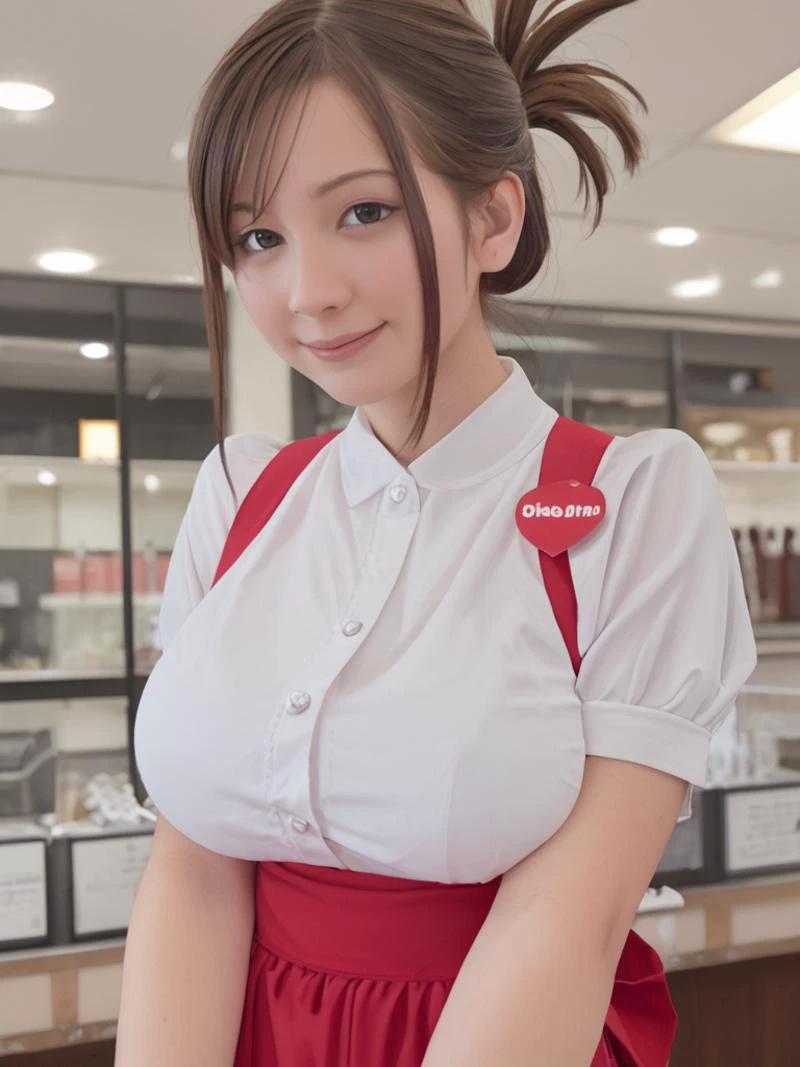 score_9, score_8_up, score_7_up, score_6_up, source anime, 1girl, gigantic breasts, Cynthia, japanese,
anna miller ,waitress,name tag, red high-waist skirt, suspender skirt, apron, restaurant,
ceiling, upper body, looking at viewer, ,fingersmile, folded ponytail hair,
<lora:annamiller_Pony_v1:0.8>