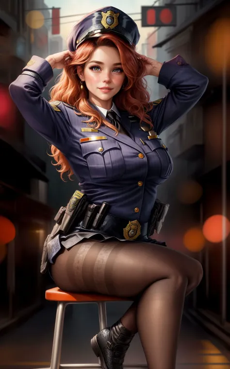 (best quality, masterpiece, colorful, dynamic angle, highest detailed), (fashion photography),
30 yo (Susan Ward:1.3), (curvy:0.8), sexy, grey eyes,
((glossy:0.3) red_pantyhose:1.3), ((police uniform, police hat, short skirt, pantyhose:1.1):1.2)
(Wavy Lob:1.2), orange_hair,
police office, (ultrahigh resolution textures), (intricate details, hyperdetailed:1.15), detailed, colorful art, (official art, extreme detailed, highest detailed),
flat background, bokeh background,
<lora:add_detail:0.8> <hypernet:coloredPh:0.6>