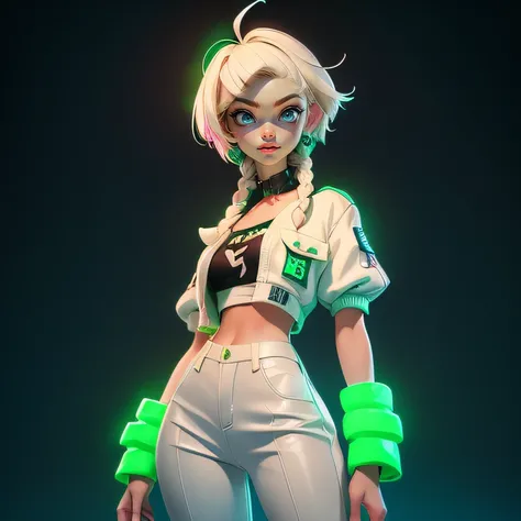 <lora:3dcharacter-000004:0.6>, 3dcharacter,outfit,(full body:1.2),simple background, masterpiece,best quality,(gradient background:1.1),1girl, platinum blonde hair, short hair, green eyes, braids, small perky breasts, on the street, night, neon light, white t-shirt, braless, black pants, poker face, front view, standing,