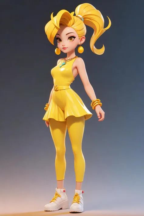 <lora:3dcharacter-000004:0.6:MIDD>, 3dcharacter,stud earrings,(full body:1.2),simple background, masterpiece,best quality,(light Yellow gradient background:1.1), earrings ,bracelets ,jewelry ,necklace , High ponytail